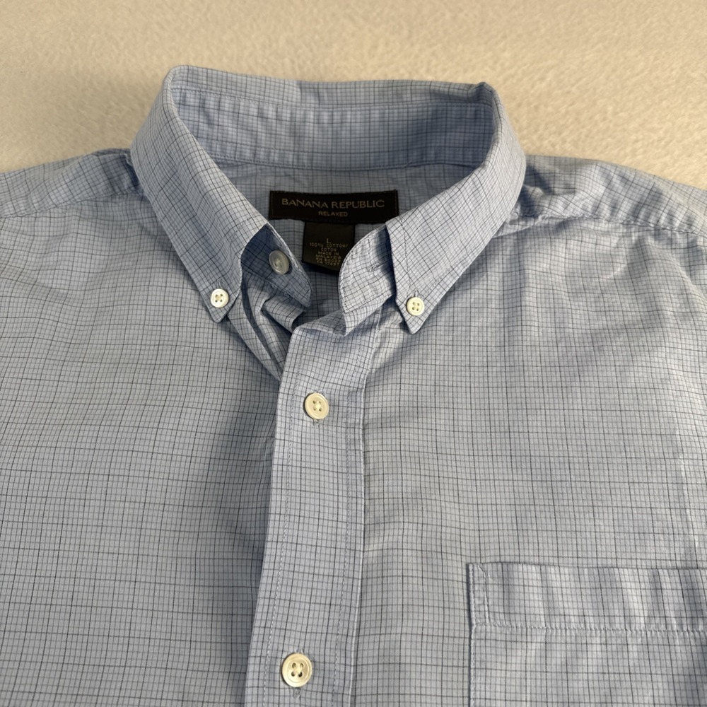 Banana Republic Relaxed Long Sleeve Button Up Blue Checker Shirt Mens Size Large - Picture 4 of 7